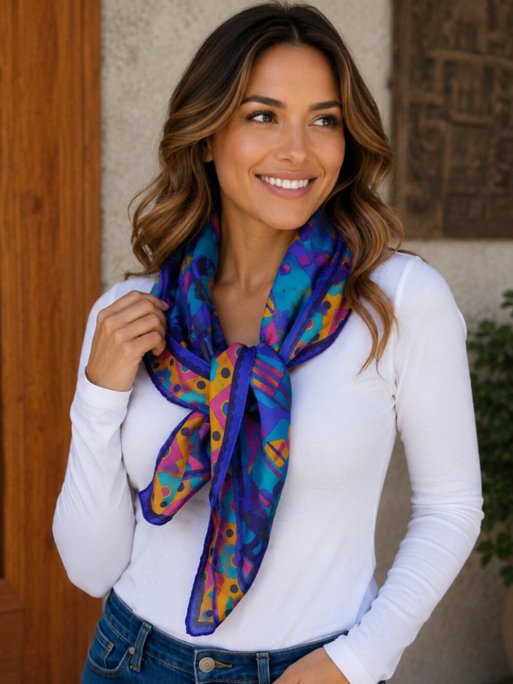 Scarf Colorful Abstract Pattern Silk Scarf - Gold, Blue/Green & Purple